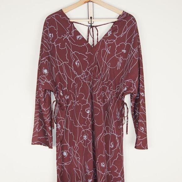 Oak Fort Kimono Cinch Waist Side Slit Floral Dress Maroon Womens Sz S - Picture 5 of 8